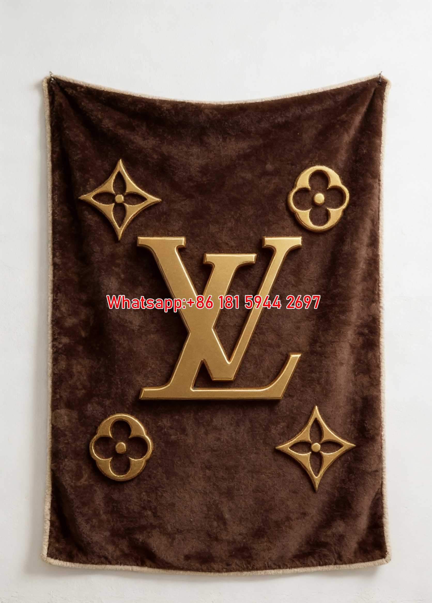 Gold LV Monogram Flannel Throw Blanket 337